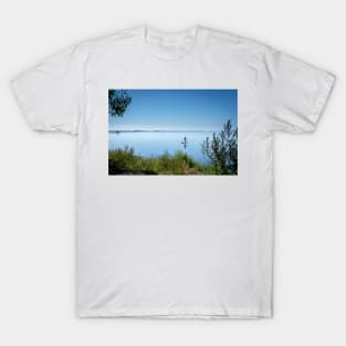 a lone board sailor in the quiet bay in the southern Öresund, on the Swedish side - SUP stand up paddle board T-Shirt